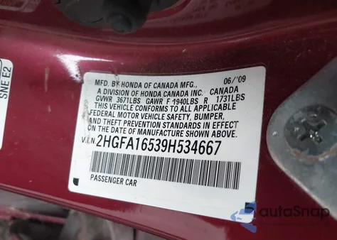 2009 Honda Civic Lx from USA, damaged, VIN 2HGFA16539H534667